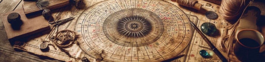 Astrologia. Um mapa astrológico em cima de uma mesa rústica, com elementos místicos como velas e cristais.